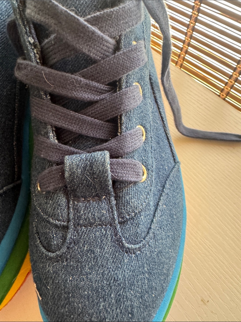 Jeffrey Campbell Navy Denim Platform Sneakers with Rainbow Layered Sole - Picture 7 of 7